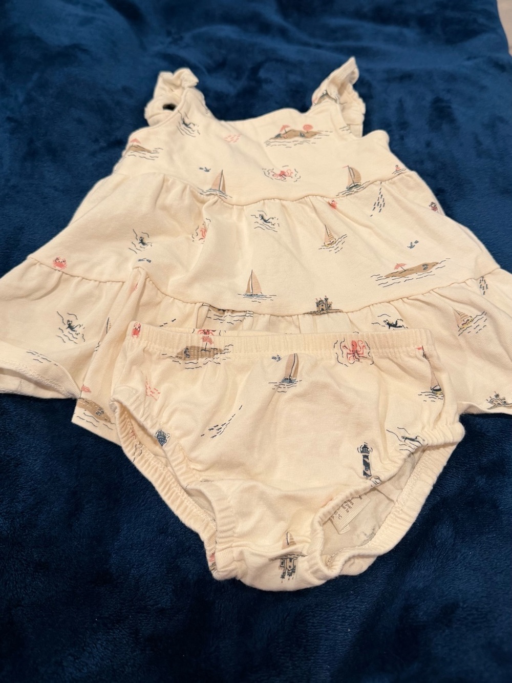 Cream Nautical Print Baby Matching Dress & Bloomers Set